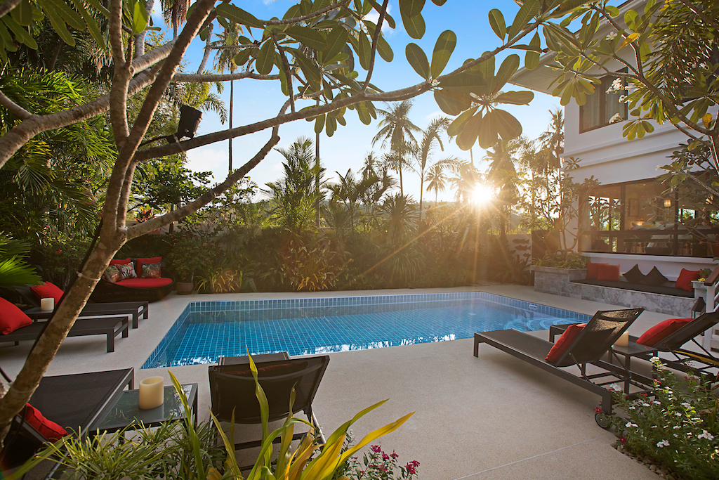 Beachside Pool Villa For Sale Koh Samui Sun Setting Over The Garden